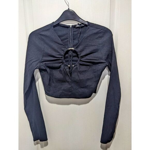 Rare Zara Metal Loop Linen Black Long Sleeve Crop Top - Picture 8 of 12